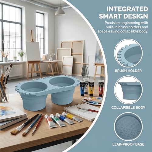 Foldable Silicone Paint Brush Cleaner Cup, Portable Brush Cleaning Rinse Cup with Dual Cleaning Compartments and Brush Holder, for Water-Based Paints, Suitable for Art Students, Plein Air Painters