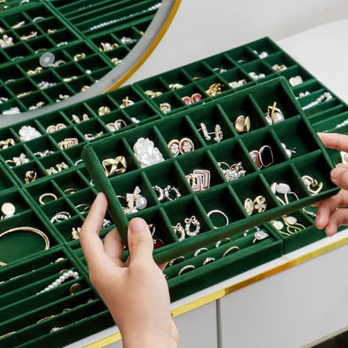 SPAKOWN Jewelry Organizer for Drawer Velvet Jewelry Tray - Set of 9 Green - color: Green