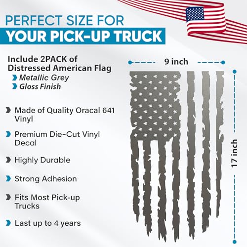 GRITKULTURE Distressed American Flag Vinyl Decal 2 Pack for Trucks, Tailgate, Cars, Windows Compatible with Most Pickup Trucks EUA Flag - Rear Graphic USA, US Flag Car Sticker (Metallic Grey) - color: Reflective Blue