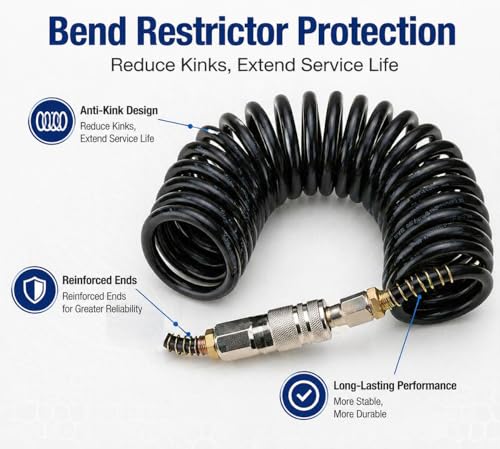 25ft Air Compressor Hose with Bend Restrictor and 1/4 Quick Coupler - Coiled Flexible Air Hose with Solid Copper Connectors