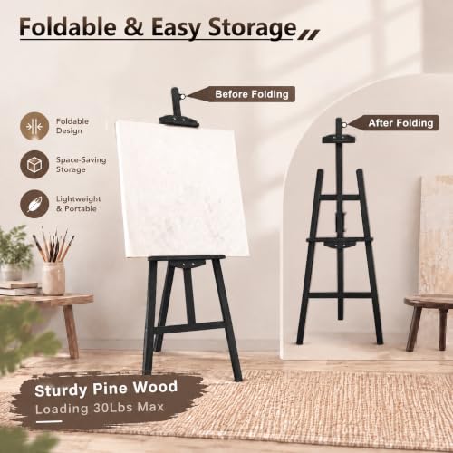 Adjustable Black Pine Wooden Painting Easel, Art Easel Stand - color: Black