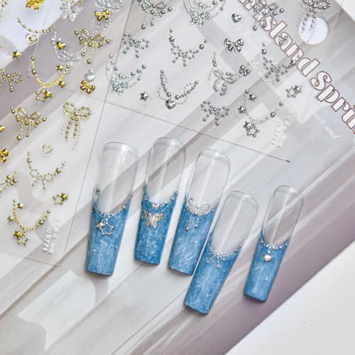 1 Sheet Y2k Silver Bow Stars Heart Nail Art Stickers 5D Embossed Pearl Chains Nail Decals Cute Butterfly Nail Art Sticker Star Bow Nail Stickers for Nail Art Nail Supplies for Women Manicure DIY Decor - color: Silver Pearl Chain Bow