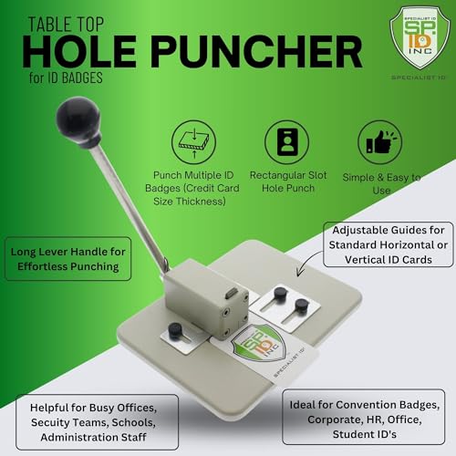 Heavy Duty Table Top Slot Punch for ID Card Badges with Precision Adjustable Top & Side Slide Guides - Badge Hole Puncher for Standard Horizontal & Vertical I'd Cards by Specialist ID