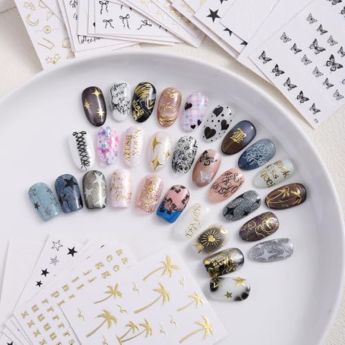 3D Nail Art Stickers Set, 30 Sheets Self-Adhesive Black White Gold Nail Decals Kit with Tweezers Star Heart Flower Letter Bow Design Supplies Accessories for Women DIY Manicure Decoration