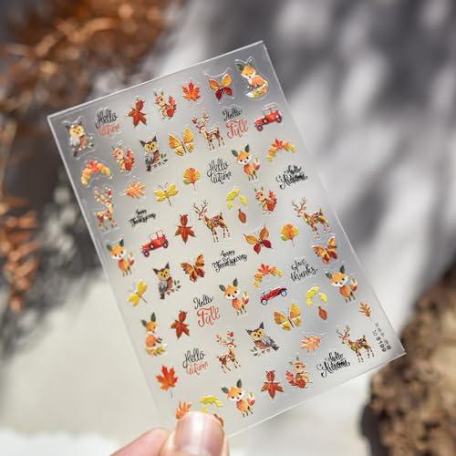 1 Sheet Thanksgiving Day Nail Stickers 5D Embossed Maple Leaves Nail Decals Self-Adhesive Autumn Fox Deer Nails Supplies Fall Leaves Nail Design Fall Leaf Nails Accessories for Women DIY Nail Decor - color: Maple Leaf Deer