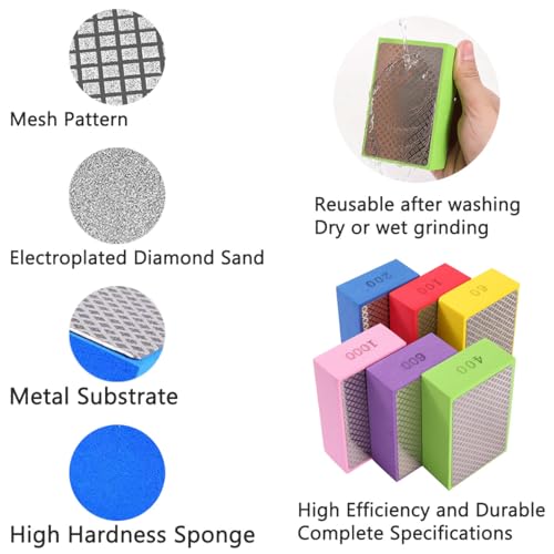 6PCS Diamond Polishing Pads Sanding Blocks 100x2/200x2/400x2 Multi-Grit Dry/Wet Hand Diamond Sanding Pads Kit for Grinding Ceramic Tile Glass Stone Metal Wood - style: 6PCS-3