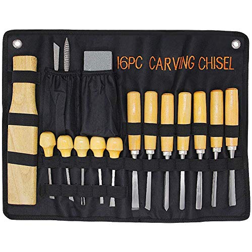 Lulu Home Wood Carving Tools, 16PCS Professional Carving Knife Tool Set for Woodworking Premium Wood Handle with Chisel Gouge Whetstones