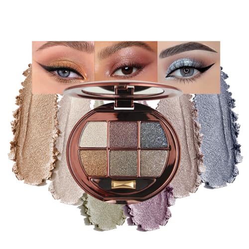 Neutral Brown Gold Shimmer Eyeshadow Palette with Mirror and Sponge Applicator, 6 Colors High Pigment Frost Shimmery Everyday Eye Shadow Makeup for Older Women, Brightening Eye Travel Size 01# - color: L-#01