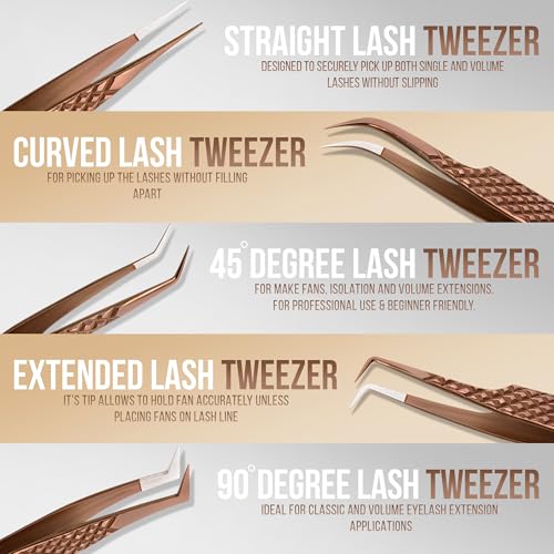 5 Pcs Fiber Tip Eyelash Extension Tweezers with Leather Case, Rose Gold - color: Metallic-rose