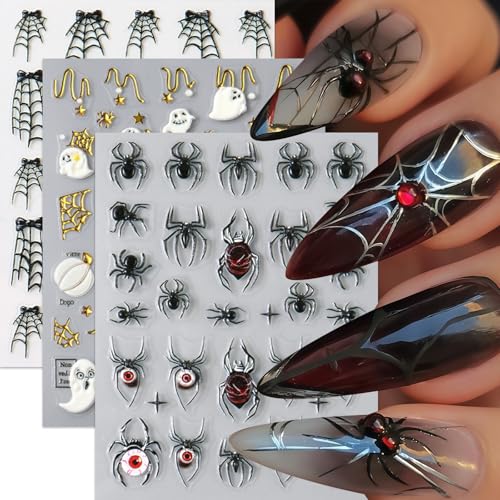 3 Sheets Halloween 5D Embossed Cute Ghost Nail Stickers Self-Adhesive Spider Web Spiders Nail Decals Horror Eyes Spider Nail Art Supplies Nail Accessories for Women Acrylic Manicure Holiday Supplies - style: pumpkin