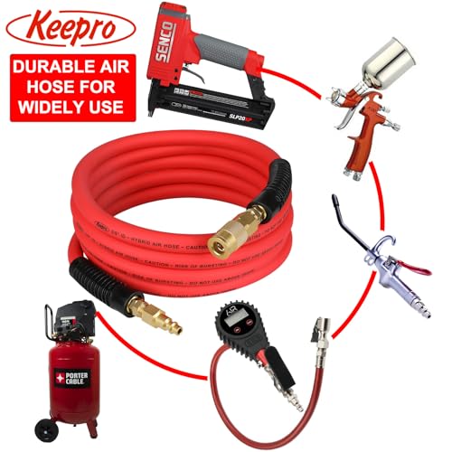 Keepro Hybrid Air Hose, Flexible 1/4 Inch ID By 10 Feet Long Lead-in Short Air Compressor Hose with Swivel Solid Brass 1/4" Industrial Quick Coupler and Plug, 300 PSI Maximum Pressure, Red - size: 10 FT
