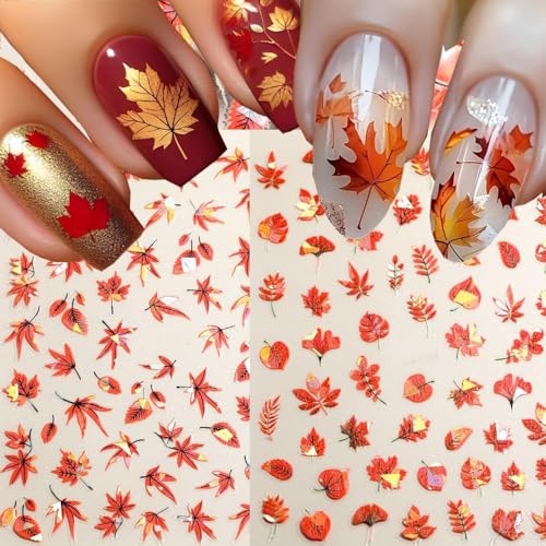 2 Sheets Fall Maple Nail Stickers for Nail Art, Self-Adhesive Nail Decals - color: Fall Maple