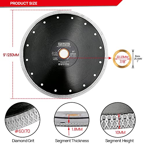 DT-DIATOOL Diamond Tile Blade 9 Inch 2pcs Diamond Turbo X Mesh Rim Segement Circular Saw Blade for Procelain Ceramic Stoneware Marble Granite Fits 5/8"-7/8" Arbor - size: 9 inch