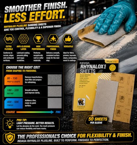 Indasa 50 PCS 9x11 Sandpaper Rhynalox Plusline - 100 Grit Dry Sanding Sheets, Professional-Grade Abrasive for Wood, Metal, Automotive, and Paint Finishing - Durable, Clog-Resistant Sand Paper - size: 100 GRIT 9x11" Rhynalox