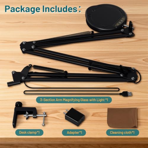 15X LED Magnifying Glass with Light and Clamp, 3-Section Arm