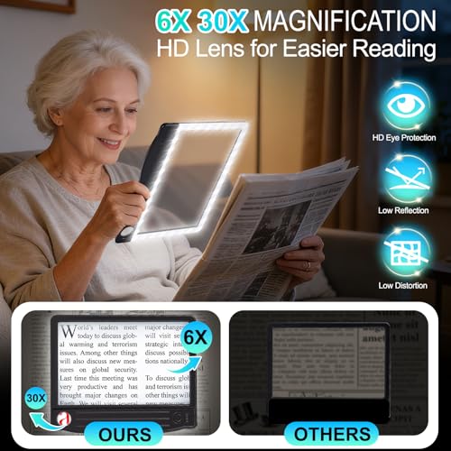 6X 30X Magnifying Glass with Light, Page Magnifier for Reading 4.3x7.1in