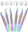 Eyelash Extension Tweezers Set of 6, Fiber Tips, Rainbow - color: Rainbow
