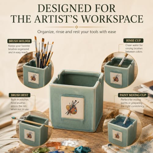 GUTE Painters Artist Cup, Paint Brush Holder & Cleaner 3.5" H 3" W - Gift Paint Mixing Cup, Elegant (Green) - style: Green Cup