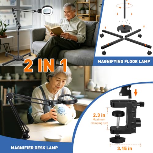 Floor Magnifying Glass with Light, 4 Wheel Stable Stand Base 12X 30X - color: Black