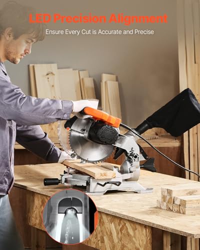 VEVOR Compound Miter Saw, 10-Inch Blade, 15 Amp Motor, 60-Tooth, Corded Single Bevel 0-45°, LED Precision Alignment, Angle Adjustable, Lightweight Cast Aluminum Base, for Wood, Composite Decking - size: 10“