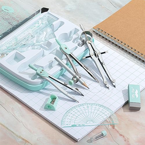 Mr. Pen- Geometry Set, 13 pcs, 3 Metal Compasses, Protractor, 6" Ruler | 45° & 30°/60° Set Squares, Pencils, Lead Refills, Sharpener & Eraser for Math, Drafting & Classroom Use - color: Green
