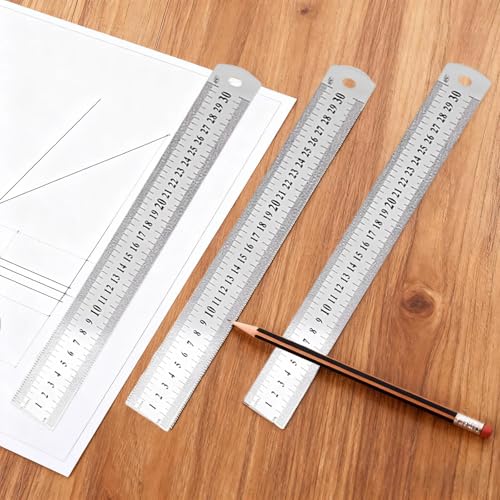 3PCS Stainless Steel Ruler Precision Straight Edge Measuring Tool Metric and Inch Scale Metal Drawing Engineering Craft Projects - color: silvery, size: 30CM