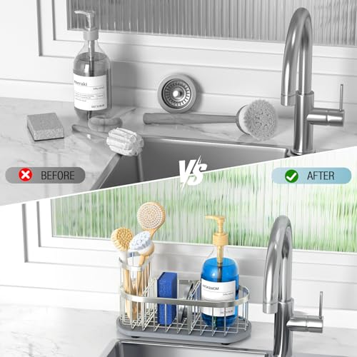 Sink Caddy Sponge Holder for Kitchen with Stone Drying Mat & Brush Holder - color: Silver