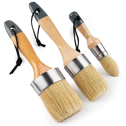 Mister Rui 3-Pack Chalk & Wax Paint Brushes Set, Round, Natural Bristle - size: 1.2"1.9"2.4"