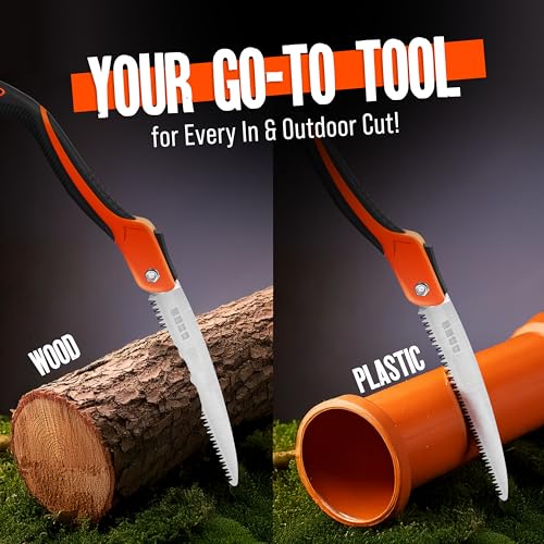 Folding Camping saw 9 Inch - Heavy Duty Pruning Saw with Triple-Cut SK5 Blade, 7 TPI Razor Teeth for Tree Trimming, Wood Cutting, Camping, Bushcraft, and Gardening - size: 9 INCH (Orange)