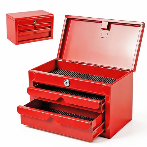 JACK BOSS Mini Tool Box with Two Drawers and Lockable Top Storage,Red - color: Red