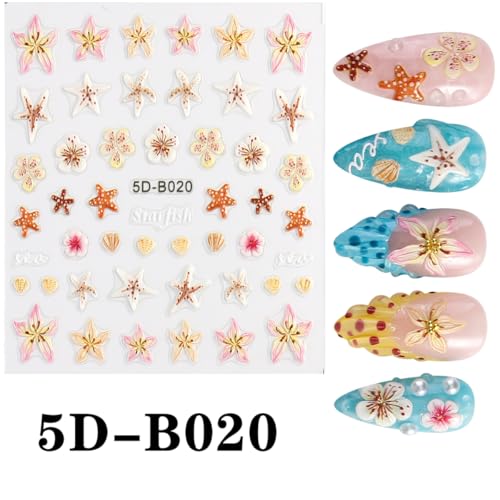 2Pcs Summer Nail Art Stickers 5D Embossed Self-Adhesive Nail Decals Starfish Bow Flower Sea Nail Design Stickers Summer Beach Theme Nails Art Supplies for Women Manicure Decorations - style: starfish flower