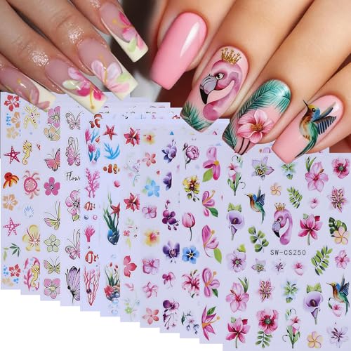 3D Flower Nail Stickers Decals 12 Sheets Spring Summer Floral Butterfly Ocean Nail Art Decals Self-Adhesive Tropical Hibiscus Fish Sea Star DIY Nails Decoration Manicure Accessories for Women - style: Tropical Flower