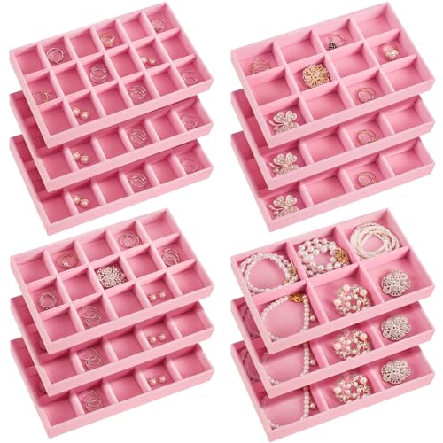 Junkin 12 Pcs Velvet Jewelry Organizer Tray, Stackable Storage - color: Pink