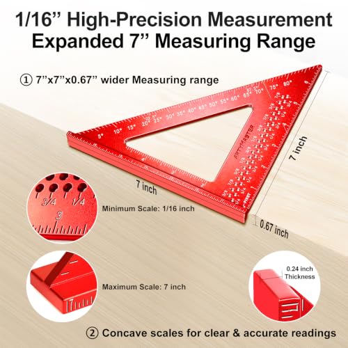 7 inch Carpenter Square, 1/16" Precision Hole Scribing Square Tools, 0-90° Aluminum Alloy Rafter Square, Woodworking Square & Carpenter Pencils 12 Refills AM13E - color: Imperial: 7 inch Square+Pencil