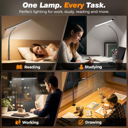 Airlonv LED Desk Lamp with Clamp, 17" Stepless Dimming Light, Black - color: Black, size: Standard