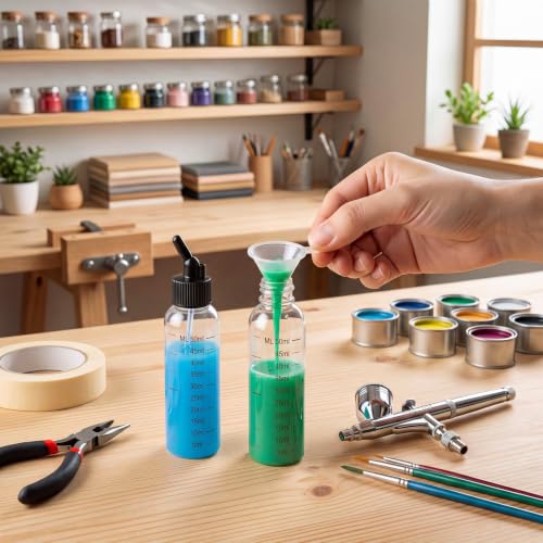 Singhoow 20 Set Airbrush Siphon Bottles Jars 2.12 Ounce(60cc) Plastic Paint Containers with Funnel Dual-action Siphon Suction Feed Airbrush Accessories Resealable for Storing Various Paints and Liquid - size: 60cc