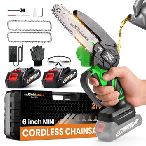 maXpeedingrods Mini Chainsaw Cordless, 6 inch Small Chainsaw Electric Saw - color: Green 2 Batteries
