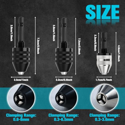 3Pcs Keyless Drill Chuck Adapter for Impact Driver, 1/4 Inch Hex Shank Quick Change Drill Bit Converter Set, Includes 0.3-6.5mm, 0.6-8mm and 0.3-3.6mm Micro Chucks Extension