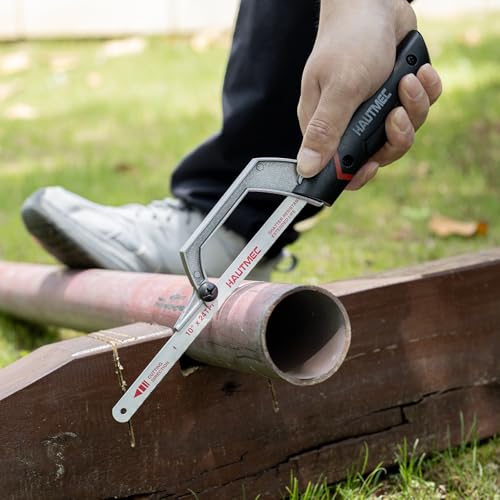 HAUTMEC Compact Hacksaw, 10" Hacksaw with Bi-Metal HSS Blade, Aluminium Frame, Cutting Guide Design, Small Hand Saw for Cutting Metal, Plastic, PVC & Wood, Ideal for Tight Spaces – HT0427 - style: Upgrade