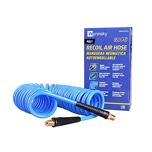 25 Feet Polyurethane Coiled Air Compressor Hose, 1/4 Inch MNPT Brass Swivel Air Fittings with Bend Restrictor