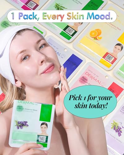 DERMAL Korean Sheet Mask Variety Pack, 24 Unique Collagen Essence Masks