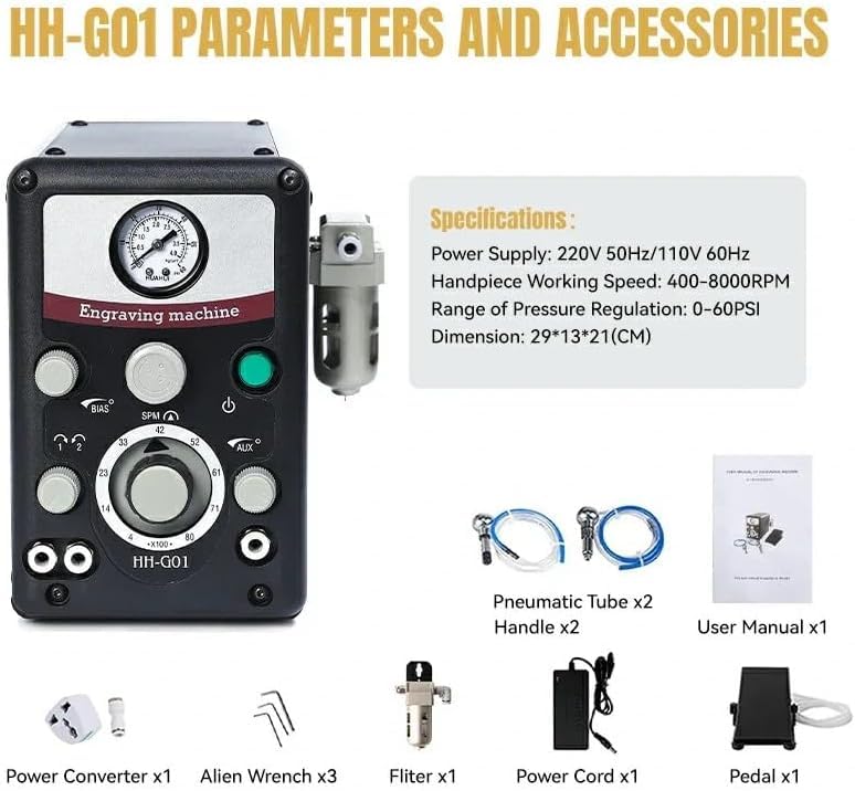 GEMKIT Pneumatic Jewelry Engraving Machine, 400-8000 RPM Adjustable Speed, Dual Engraving Heads, Precision Engraver for Gold, Silver, Copper & Stainless Steel, Jewelry Making Tool HH-G01