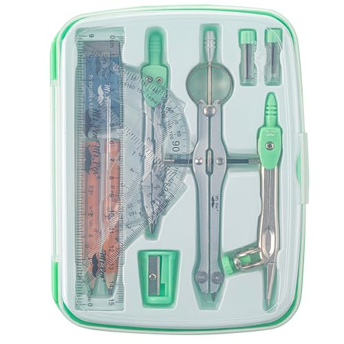 Mr. Pen- Geometry Set, 13 pcs, 3 Metal Compasses, Protractor, 6" Ruler | 45° & 30°/60° Set Squares, Pencils, Lead Refills, Sharpener & Eraser for Math, Drafting & Classroom Use - color: Mint Green