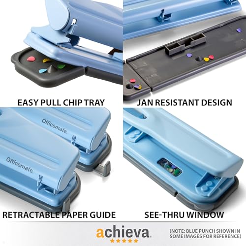 Achieva Economy 3-Hole Punch - 12 Sheet Capacity, Paper Punch with Retractable Paper Guide, Easy Pull Chip Tray with See-Thru Window, Solid Steel Construction, Black - color: Black