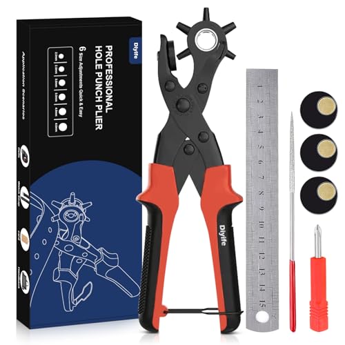 Diyife Leather Hole Puncher, Full Set Punch Tool Kits for Belts, Leather - color: Red