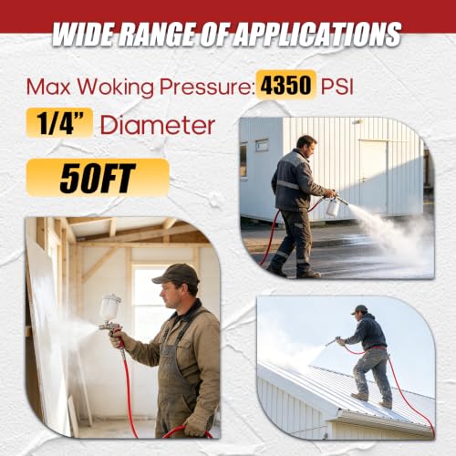 50ft 1/4inch Airless Paint Sprayer Hose Flexible Fiber Tube Spray Paint 4350 PSI Working Pressure Universal Airless Sprayer Hose Fittings with Hose Protector Coil Spring for Outdoor,Yard, Farm - size: 50ft
