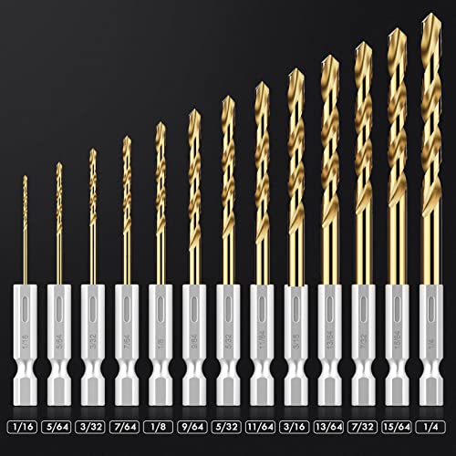 13Pcs(1/16" - 1/4") Hex Shank Titanium Twist Drill Bit Set - size: 1/16" - 1/4" - 13pcs HSS