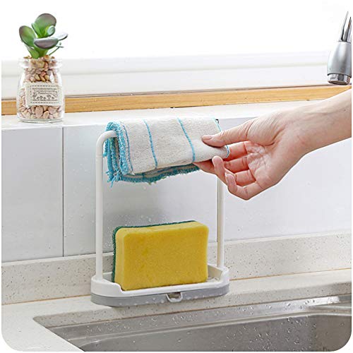 Kitchen Sink Sponge Holder with Dish Cloth Drying Rack, Rag Soap Rack Removable Sponge Brush Soap Dish Rack Sink Storage Organizer for Kitchen Countertop (Grey)