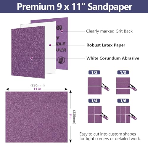 10-Sheet Premium White Corundum Wet Dry 220 Grit Sandpaper - size: 9 x 11 Inch, style: 220 Grit