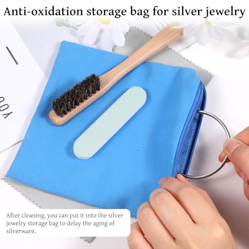 4 Pcs Horsehair Silver Cleaning Brush Set, Zippered Silver Storage Bags with Detail Polish Brush and Polishing Cloth for Silverware Plateware Jewelry